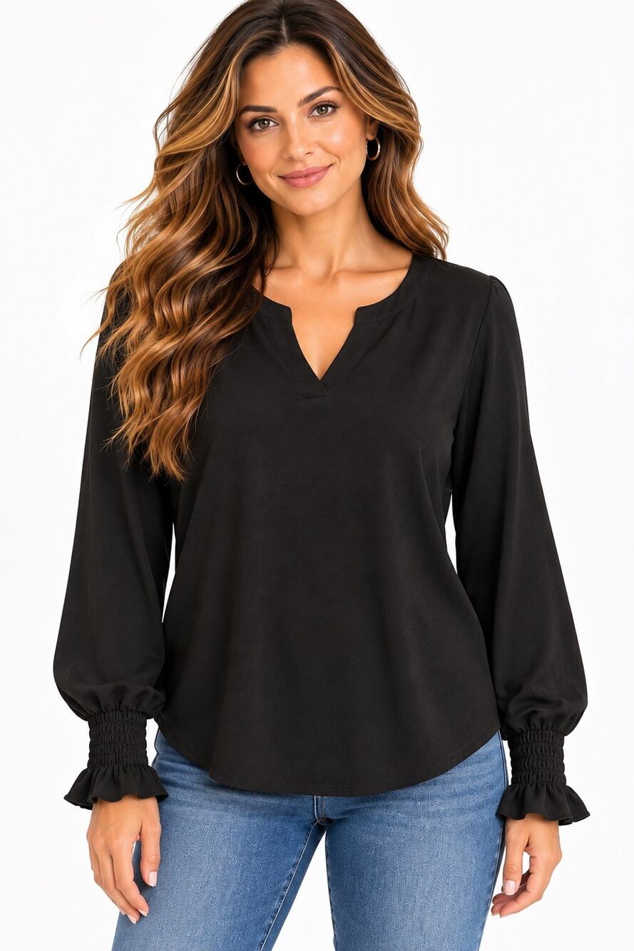 Women’s Medium Black Blouse Long Sleeve Split Neck Smocked Ruffle Cuff Top